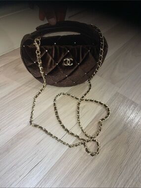 CHANEL Brown Quilted Velvet Crescent Crossbody with Gold Chain